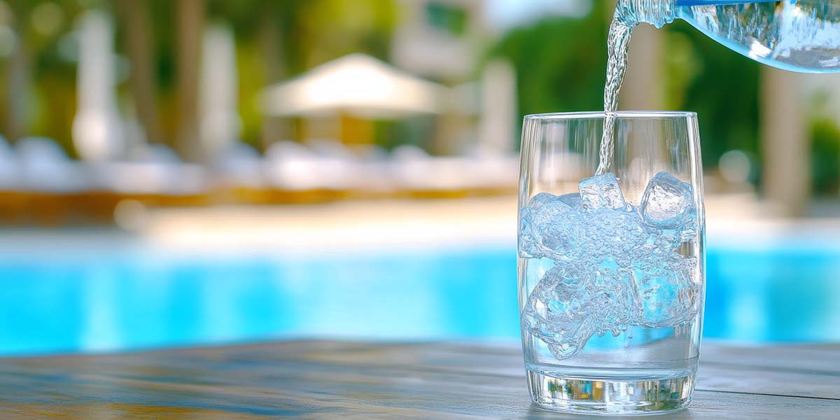 Glass of Ice water being filed by a pool